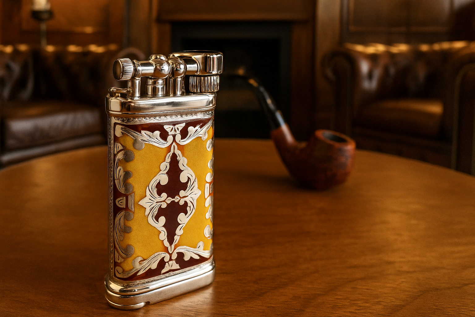 Sillem´s Pfeifenfeuerzeug Old Boy LEA 1 Face Sterling Silber - Emaille Gelb-Rot
