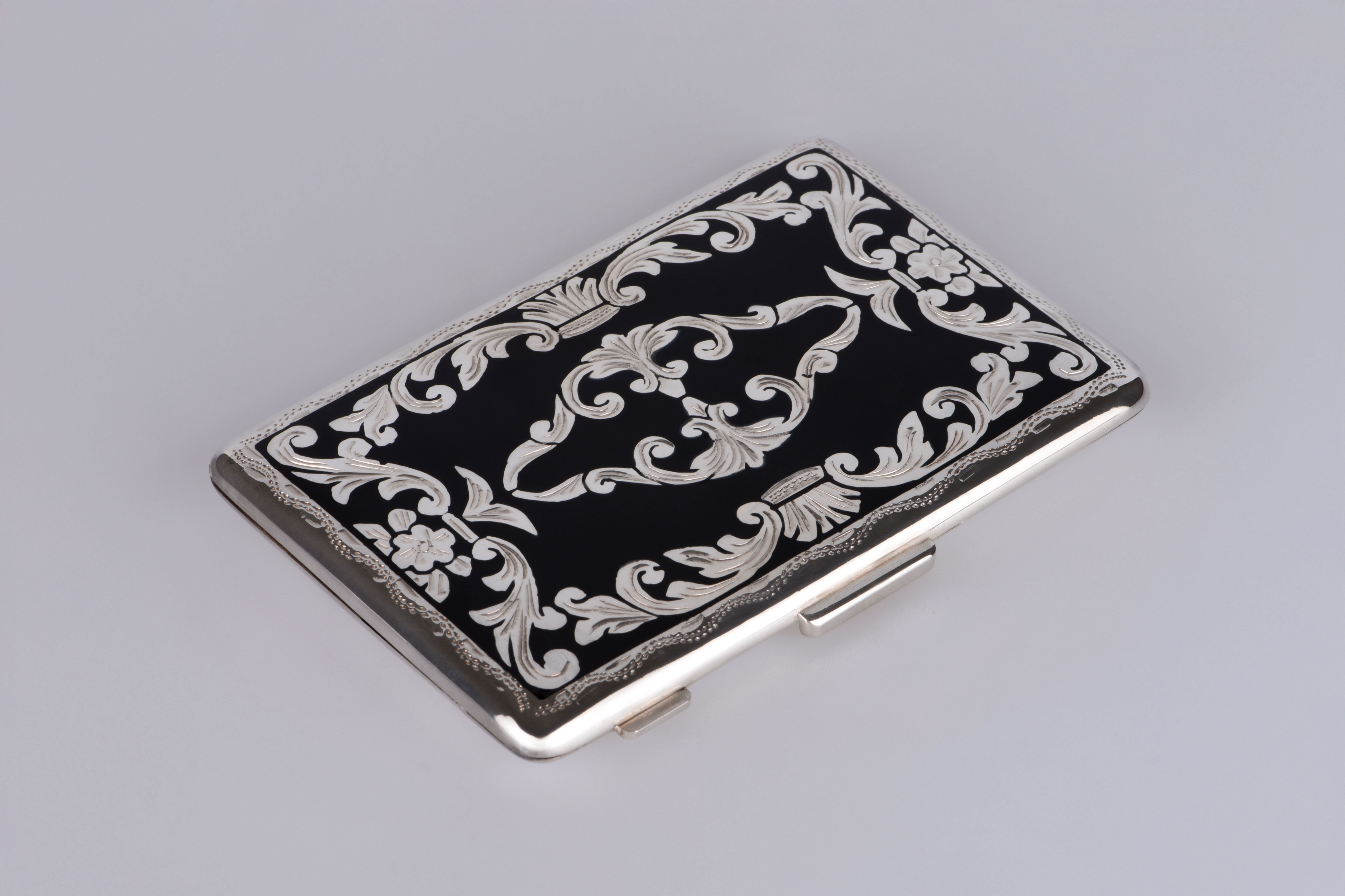 Sillem´s Visitenkartenetui, Handgraviert - Sterling Silber Emaille Schwarz