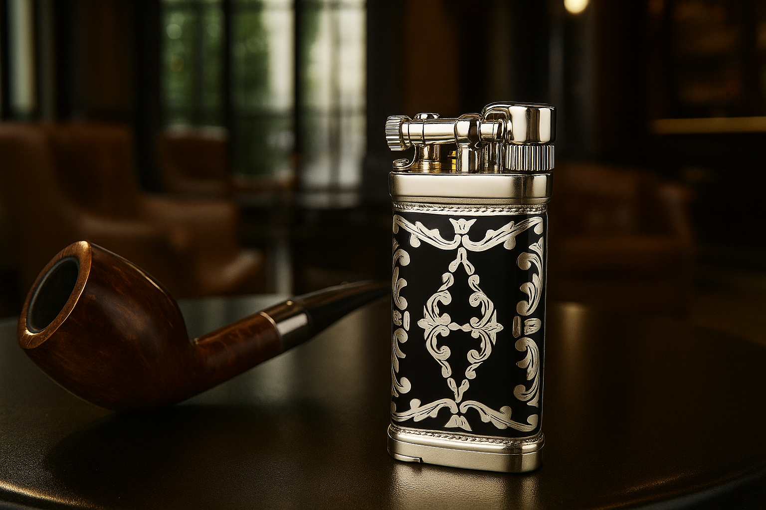 Sillem´s Pfeifenfeuerzeug Old Boy LEA 2 Face Sterling Silber - Emaille Schwarz