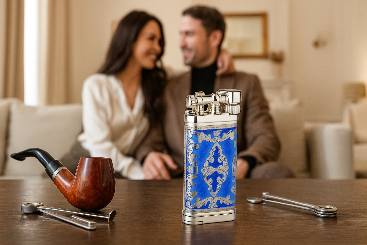 Sillem´s Pfeifenfeuerzeug Old Boy LEA 2 Face Sterling Silber - Emaille Blau