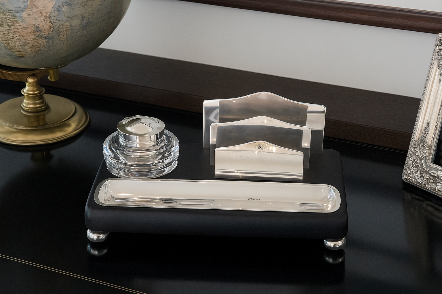 Sillem´s Schreibtischset mit Kristallfass - Sterling Silber