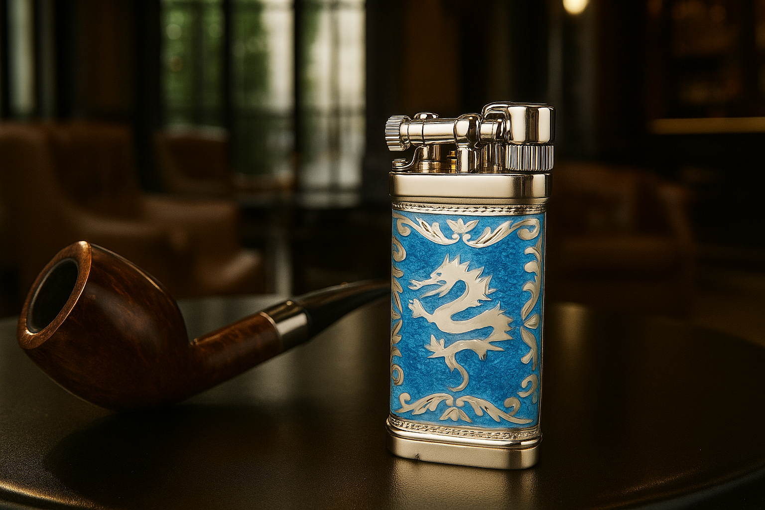 Sillem´s Pfeifenfeuerzeug Old Boy LEA Dragon 2 Face Sterling Silber - Emaille Azur