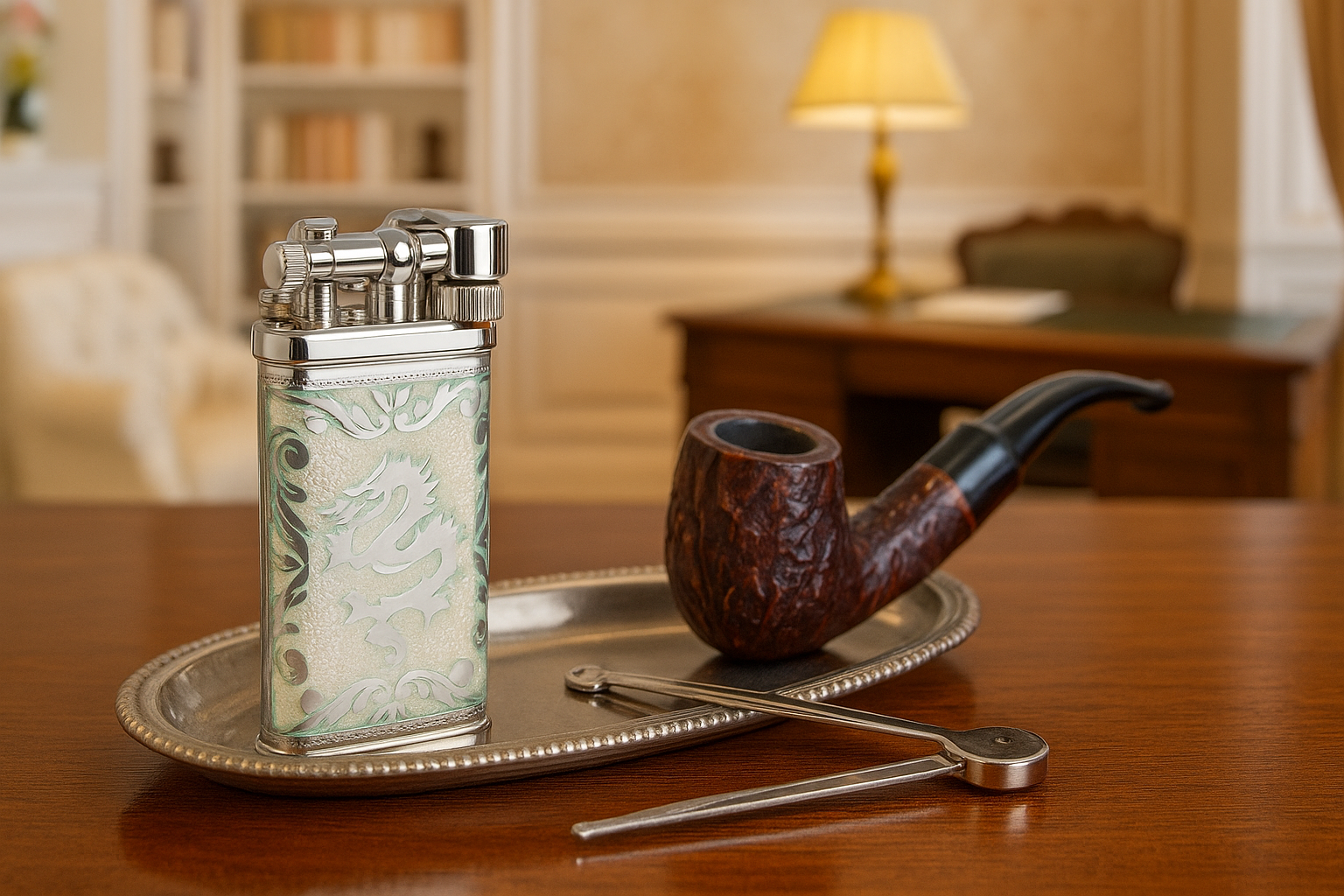 Sillem´s Pfeifenfeuerzeug Old Boy LEA Dragon 2 Face Sterling Silber - Emaille Pearl