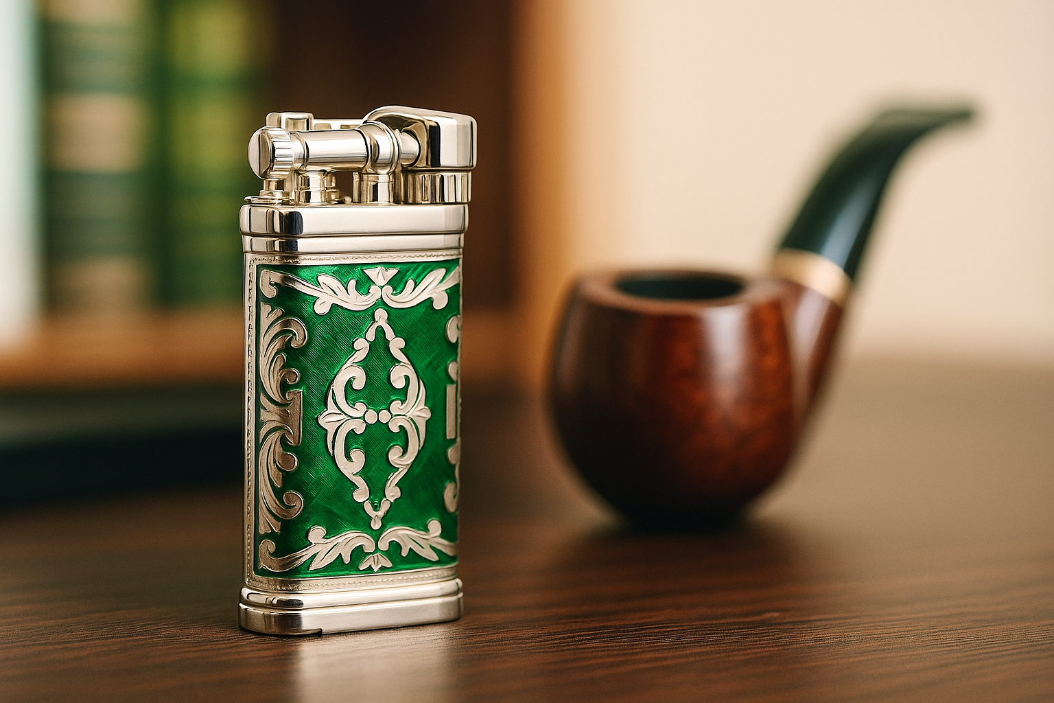 Sillem´s Pfeifenfeuerzeug Old Boy LEA 2 Face Sterling Silber - Emaille Grün