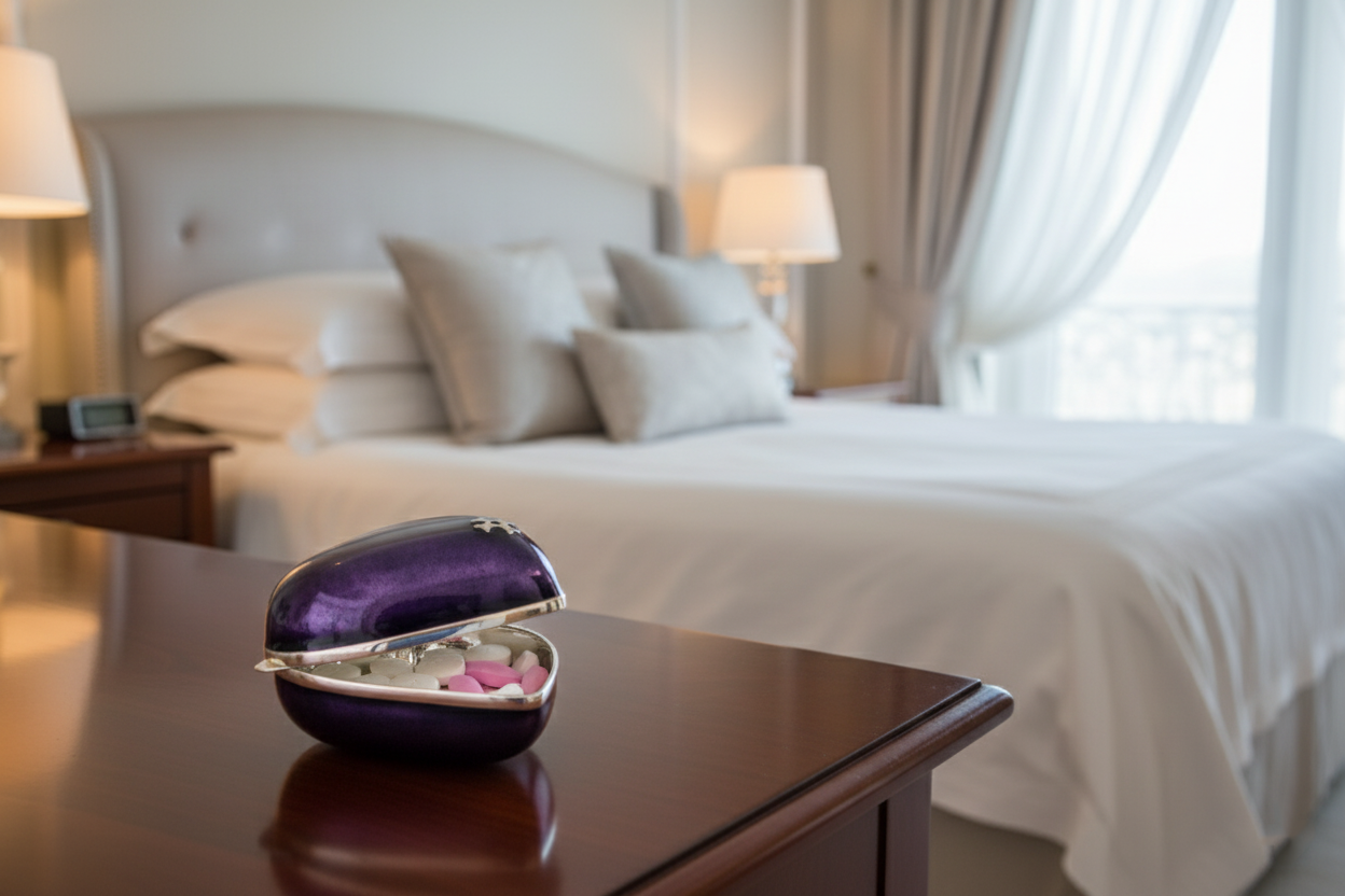 Sillem´s Pillendose in Herzform - Sterling Silber Emaille Lila