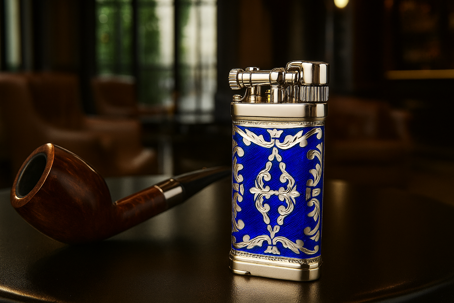 Sillem´s Pfeifenfeuerzeug Old Boy LEA 2 Face Sterling Silber - Emaille Royal Blue Sillem´s Pfeifenfeuerzeug Old Boy LEA 2 Face Sterling Silber - Emaille Royal Blue