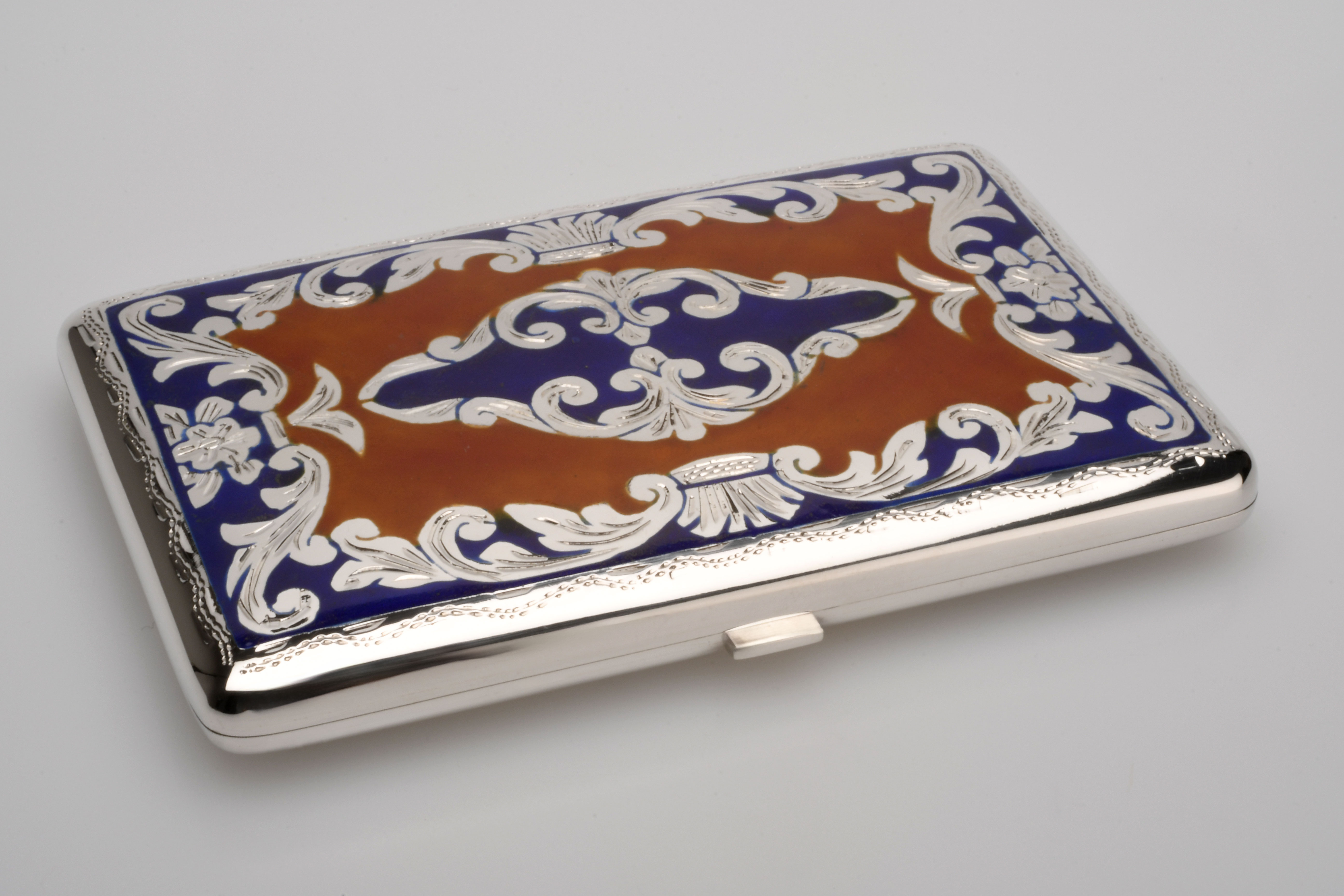 Sillem´s Visitenkartenetui, Handgraviert - Sterling Silber Emaille Rot-Blau