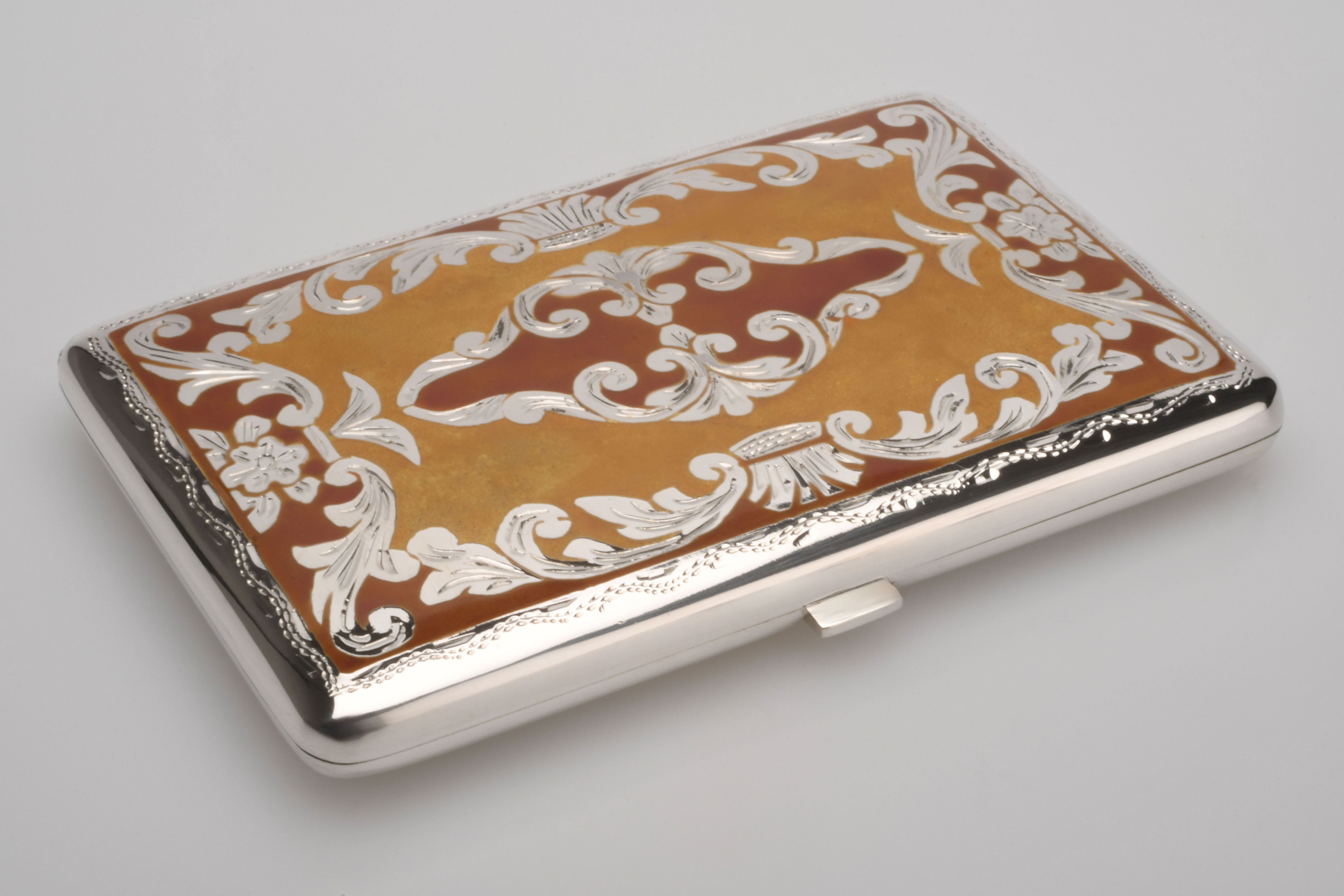 Sillem´s Zigarettenetui für 6 Zigaretten, Handgraviert - Sterling Silber Emaille Gelb-Rot